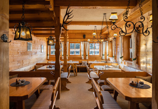 View from the main entrance to the restaurant hall in the Austrian mountain hut