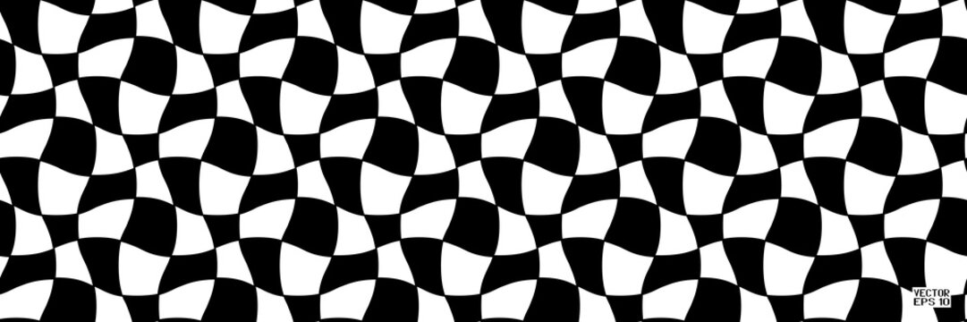 Abstract Black and White Seamless Geometric Pattern with Squares. Contrasty Optical Psychedelic Illusion. Panoramic Chessboard Wicker Texture. Vector Illustration