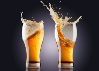 Up, Up, and Away - The Flight of Two Beer Glasses with Beer Foam on a Light Blue Background.