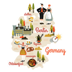 Germany map hand drawn in cartoon style. People in national dress, tourist attractions, cultural landmarks, architecture, inventions, food. Comic infographic, doodle cliparts. Vector flat illustration