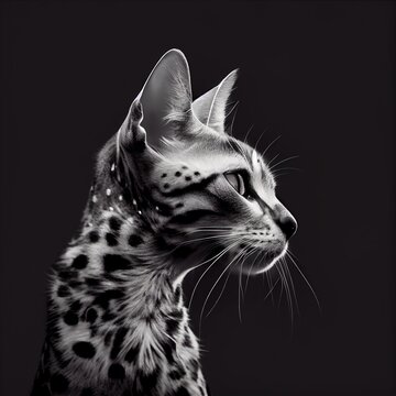 California Spangled cat breed isolated on a black background. Generative AI