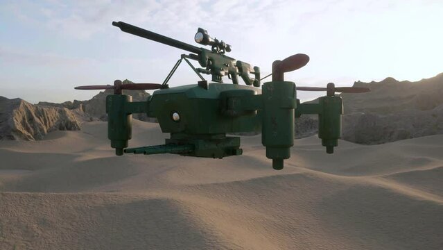Testing a new military drone in the desert with a triple-turret gun underneath and an artificial intelligence sniper rifle on top.