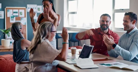 Success, high five and business people applause in meeting, target achievement and celebration of goals. Clapping, winning and manager motivation, support and target hands sign to celebrate teamwork