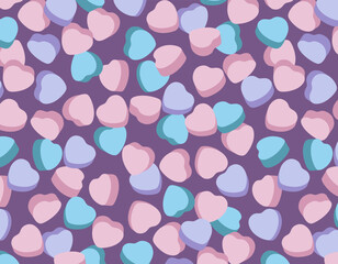 Candy Hearts Pattern Swatch Vector Seamless Shapes Valentine's Day Conversation Sweets 3D Scalable Customizable Pink Blue Purple Background	