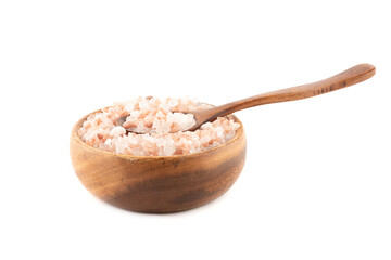 Wooden bowl and wooden spoon with large pink Himalayan salt on a white background.
