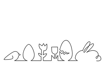 One line rabbit, eggs, bird and flower hand drawn illustration. Spring plant. Simple minimalist Easter card. Vector
