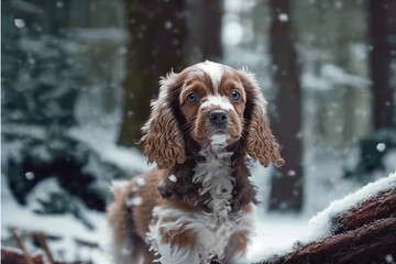 Brown and White Cocker spaniel in snowy forest, Generative AI