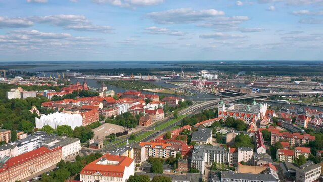 Wide aerial summer panorama of Szczecin, Poland