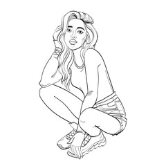 The girl is squatting, straightening her hair with her hand. Alternative rest position. Long sleeve sweater, shorts, sneakers. Hand drawing, sketch, outline. Isolated on white background. Vector 