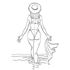 Woman in swimsuit and beach hat. She holds a pareo in her hand. Walk along the coast in sea water. Hand drawing, sketch, outline. Back view. Isolated on white background. Vector illustration.