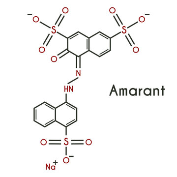 Amaranth, E123, Food Red 9, Acid Red 27, Azorubin S is a modified red azo dye used as a food coloring and for coloring cosmetics. Chemical formula. Vector