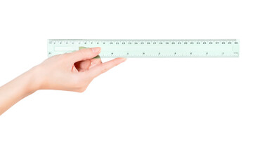 Woman hand holding transparent green ruler. Isolated png with transparency - 561106805