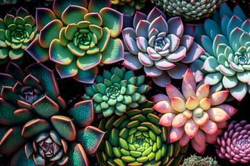 colourful succulent plants background, generative ai plant texture  - obrazy, fototapety, plakaty