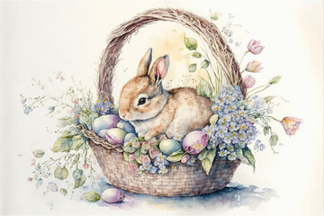Easter basket with bunny, eggs and flowers watercolor, Generative AI