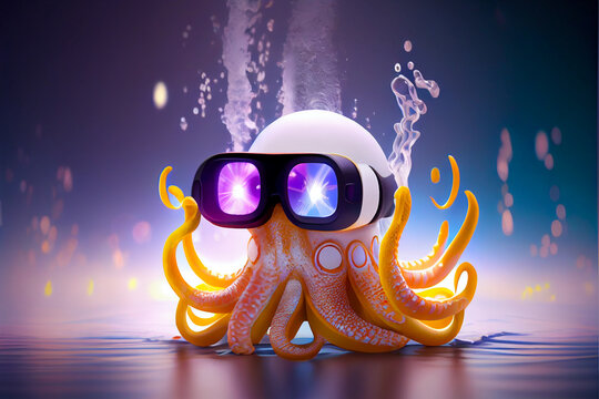 3d octopus character style nft collection with VR goggles immersed in backlit diffuse liquid. metaverse concept, technology, video games and virtual reality, generative artificial intelligence