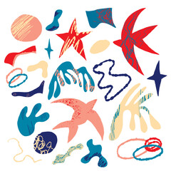 Vector set of decorative abstract elements, stars and birds in the matisse style