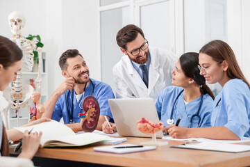 Doctor and interns near laptop in university