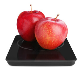 Modern kitchen scale with fresh red apples isolated on white