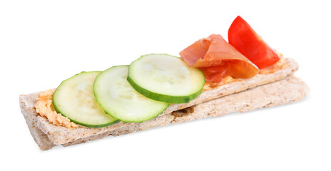 Tasty crispbreads with prosciutto, cream cheese and vegetables isolated on white