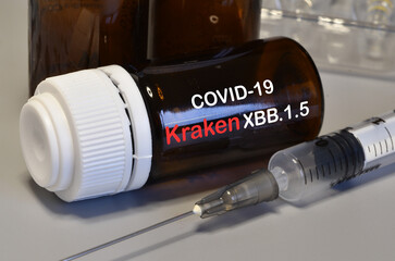 Syringe with Covid-19 vaccine against the Kraken Variant. Fight against Virus Covid-19 Coronavirus,...