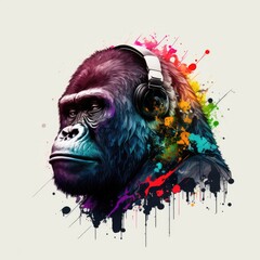 Colourful generative AI illustration of gorilla wearing headphones