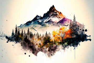 Obraz na płótnie Canvas Panorama with mountains and trees in watercolor - generated by Generative AI