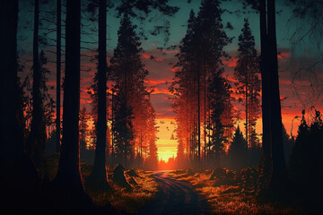 ai midjourney generated illustration of a path in a dark forest in the evening with view to the sunset