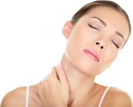 Neck pain muscle stress and strain - Unhappy tense stressed Asian woman massaging neck. Massage and wellness concept with female beauty model isolated in transparent PNG. Mixed race Asian Caucasian.