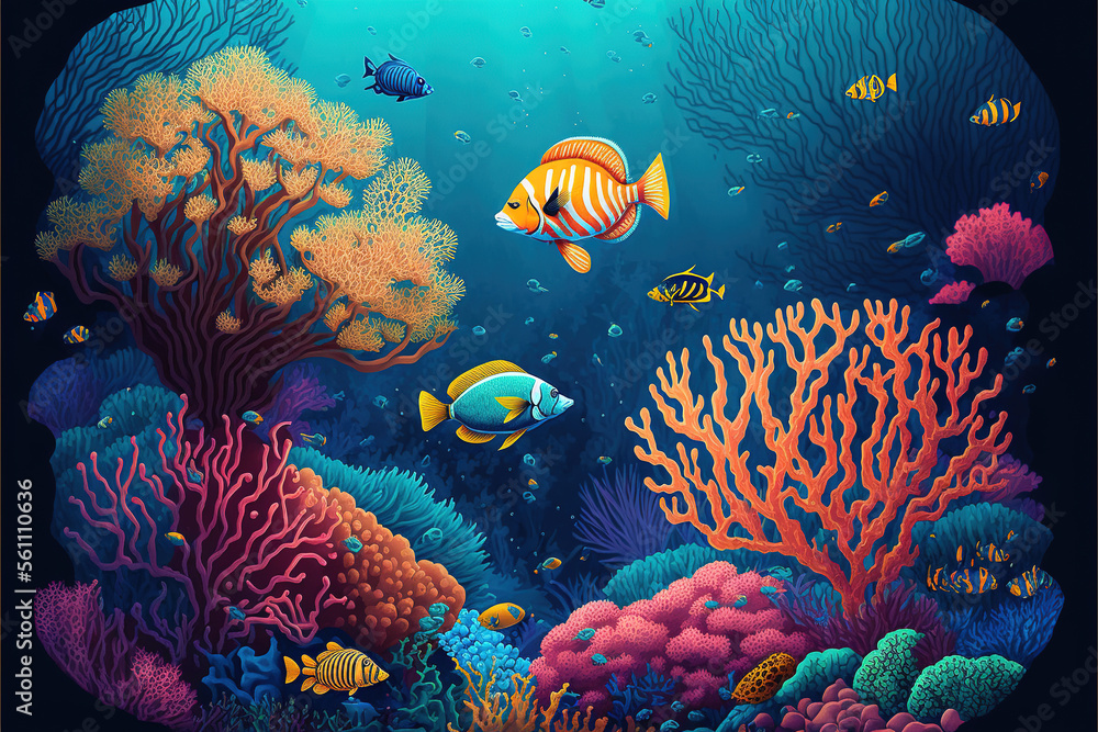 Wall mural Tropical fish swimming in colorful corl reef