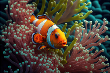 Nemo Clownfish Clown fish swimming in anemone in tropical destination - obrazy, fototapety, plakaty