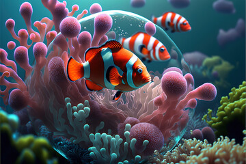 Clown Nemo fish swimming in tropical waters - obrazy, fototapety, plakaty