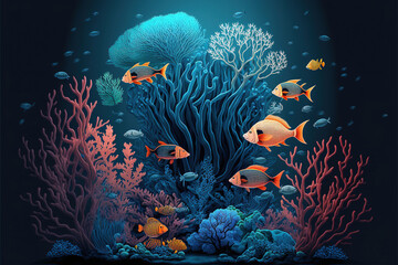 Fish and coral reef in tropical waters illustration