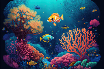 Tropical fish swimming in colorful corl reef