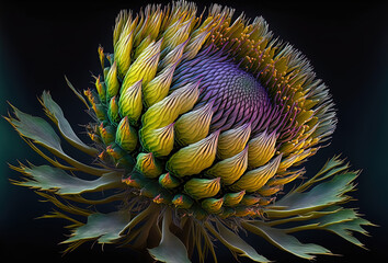 Artichoke blooming on black background, artichoke from the Britany in France. Illustration, generative ai