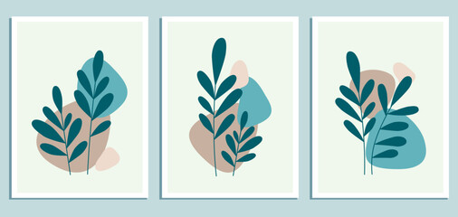 Fototapeta na wymiar Set of three abstract pictures with shapes and plants. vector illustration 
