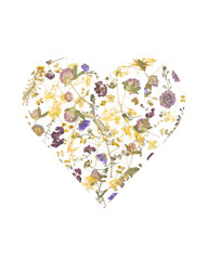 A pattern of pressed dried flowers of field plants in the shape of a heart. Mockup for greeting card for valentine's day, wedding invitation.