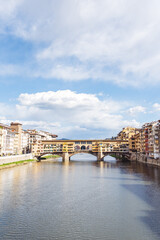 Pontevecchio and Arno river, Florence Italy - looking up at monument