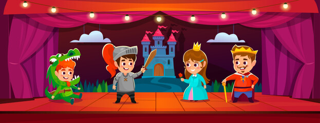 Cute kids in costumes of a king, knight, dragon, and princess on a stage of a theater. Children's show on a scene with a castle background. School play. Cartoon-style vector illustration.