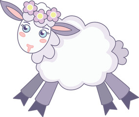 Cute little sheep running - vector full color picture. A lamb with a wreath on its head runs. Sheep in soft pastel colors