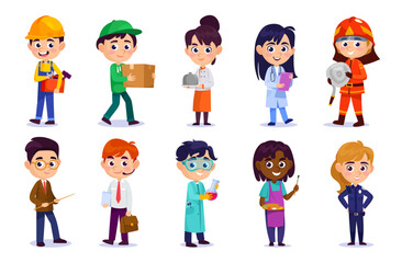 Set of cute kids in different occupation costumes isolated on white background. Boy and girl characters in different job outfits: chef, doctor, teacher, officer, etc. Cartoon style vector illustration