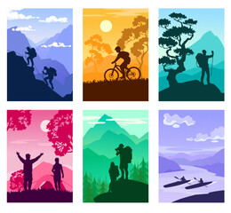 Set of abstract travel posters with people silhouettes. Tourism banner collection: hike and climb in the mountains, ride a bicycle, and row on kayaks. Active outdoor lifestyle vector backgrounds.