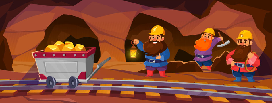 Dwarfs mining gold ore in a cave. Fantasy game vector background. Miners characters with a pick axe and lantern in an underground tunnel put gemstones on a railway wagon. Cartoon style illustration.