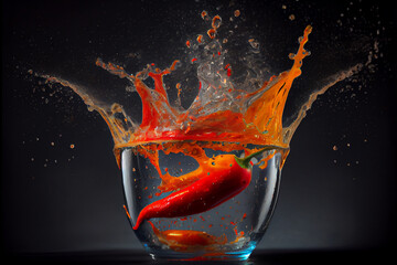 Ein im Wasser aufprallender Paprika mit Farbspritzern © Arthur Kattowitz