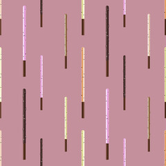 Sticks-cookies in strawberry, banana, white and dark chocolate. Pink seamless pattern.