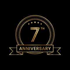 7th Anniversary logo design with gold color for celebration event, invitation, banner, poster, flyer, greeting card. Line Art Design, Logo Vector Illustration