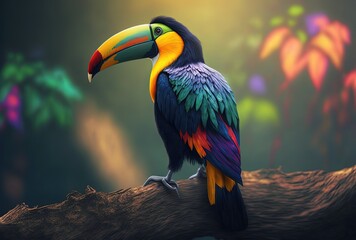 illustration of beautiful Toucan bird with big yellow beak contrast on colorful blur nature background, idea for tropical or summer theme 