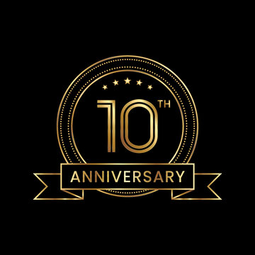 10th Anniversary logo design with gold color for celebration event, invitation, banner, poster, flyer, greeting card. Line Art Design, Logo Vector Illustration