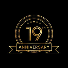 19th Anniversary logo design with gold color for celebration event, invitation, banner, poster, flyer, greeting card. Line Art Design, Logo Vector Illustration