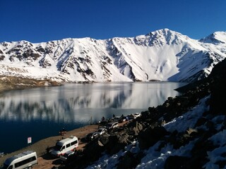 lake with mountains in the background, lots of snow