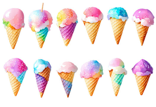 Set of 8 Pastel Kawaii Ice Cream Cones - Generative AI Image